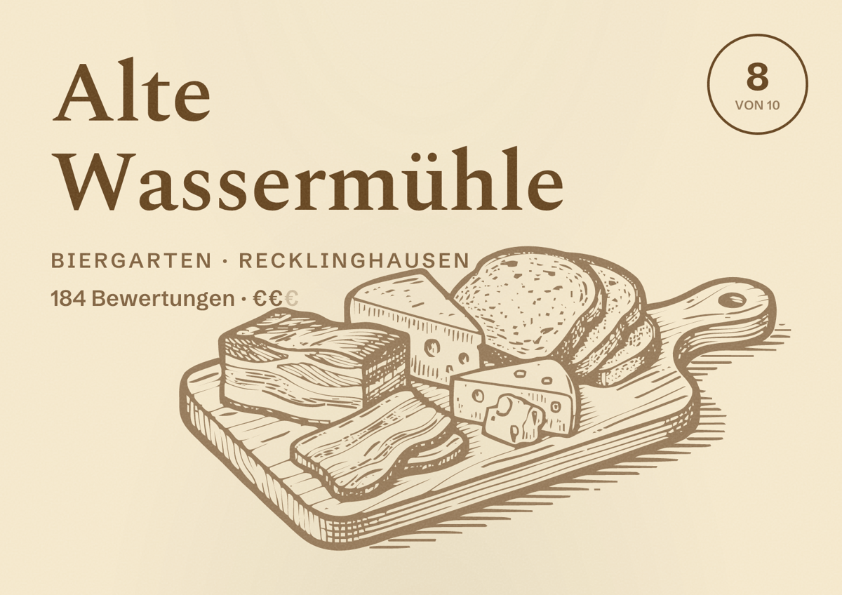 Illustriertes Poster von Alte Wassermühle, Biergarten in Recklinghausen: Bewertung 8 von 10 aus 184 Bewertungen, Preisniveau €€