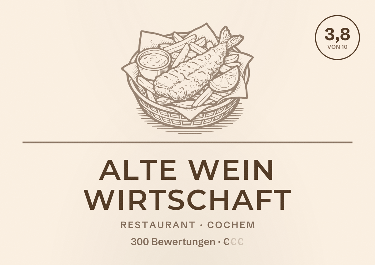 Illustriertes Poster von Alte Wein Wirtschaft, Restaurant in Cochem: Bewertung 3,8 von 10 aus 300 Bewertungen, Preisniveau €