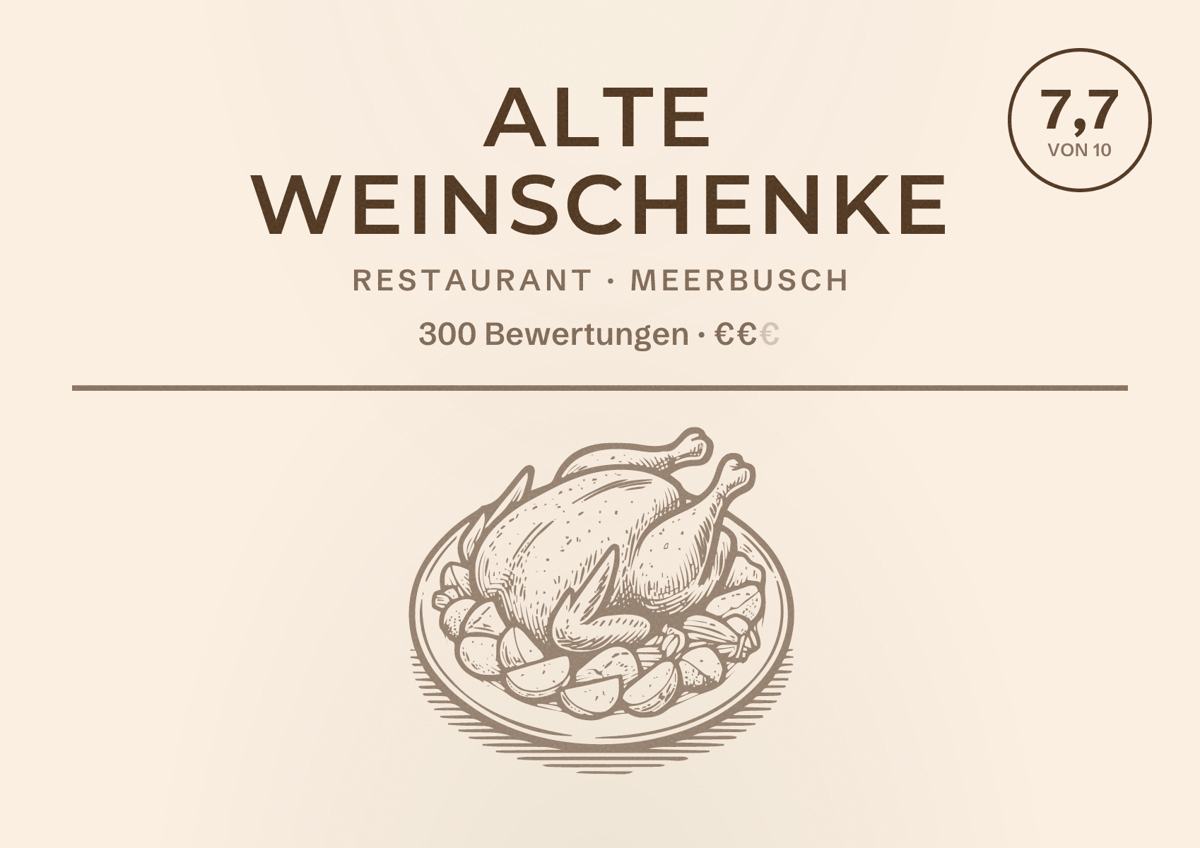 Illustriertes Poster von Alte Weinschenke, Restaurant in Meerbusch: Bewertung 7,7 von 10 aus 300 Bewertungen, Preisniveau €€