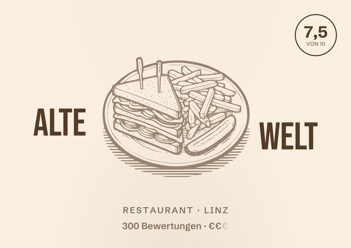 Illustriertes Poster von Alte Welt, Restaurant in Linz: Bewertung 7,5 von 10 aus 300 Bewertungen, Preisniveau €€