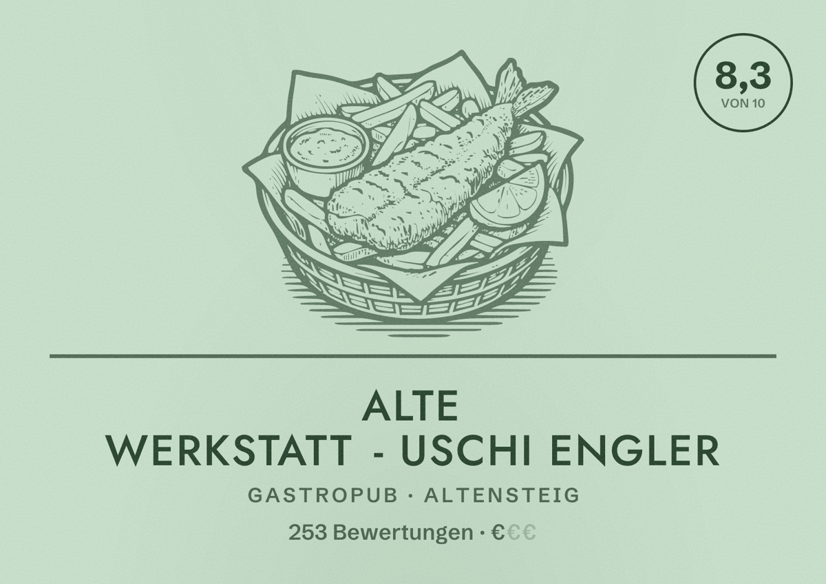 Illustriertes Poster von Alte Werkstatt - Uschi Engler, Gastropub in Altensteig: Bewertung 8,3 von 10 aus 253 Bewertungen, Preisniveau €