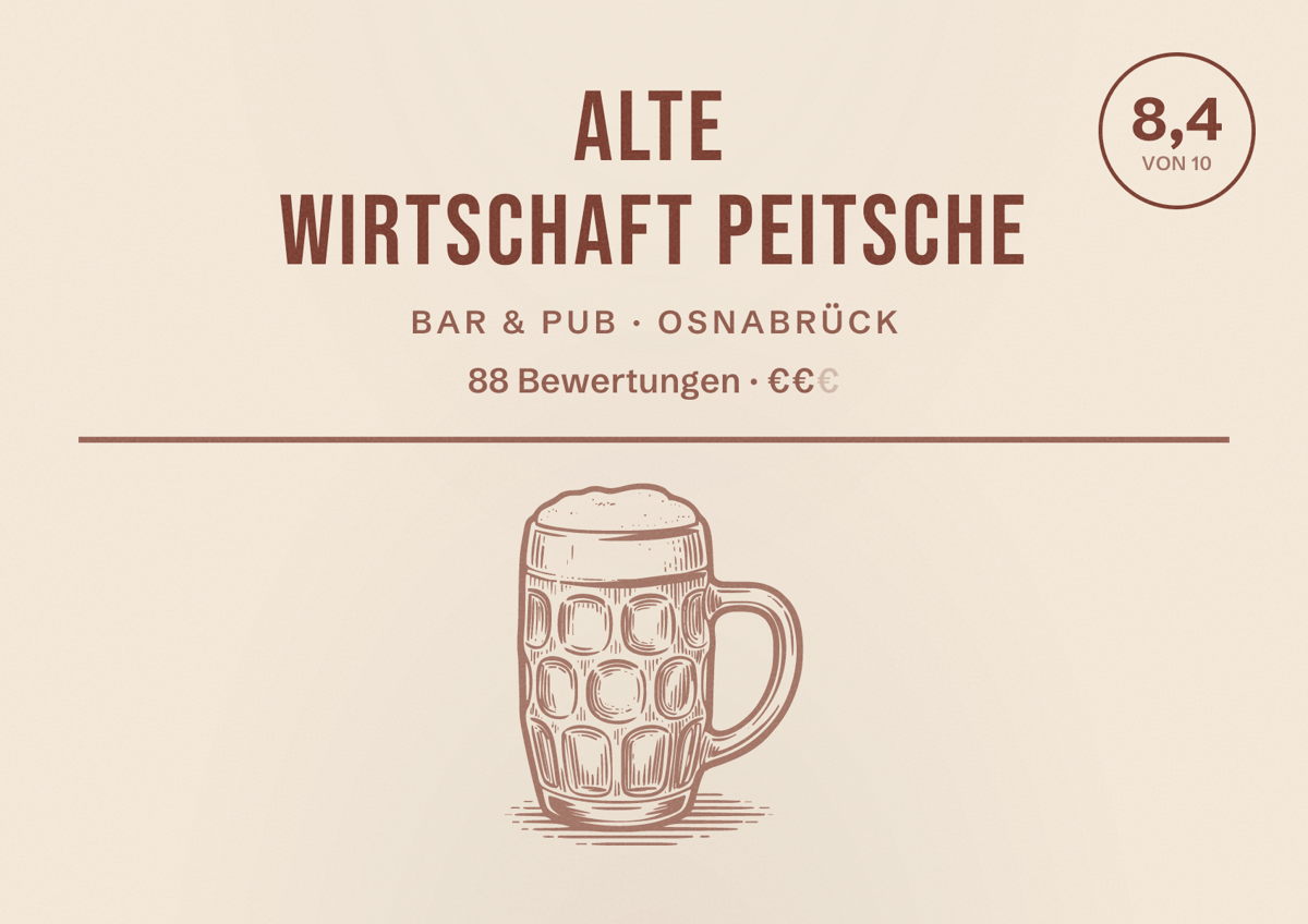 Illustriertes Poster von Alte Wirtschaft Peitsche, Bar & Pub in Osnabrück: Bewertung 8,4 von 10 aus 88 Bewertungen, Preisniveau €€