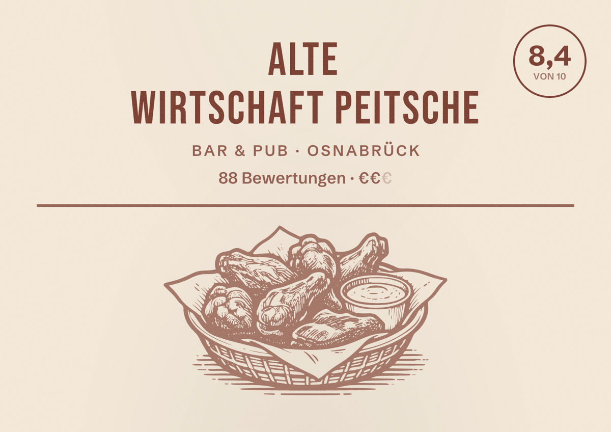 Illustriertes Poster von Alte Wirtschaft Peitsche, Bar & Pub in Osnabrück: Bewertung 8,4 von 10 aus 88 Bewertungen, Preisniveau €€