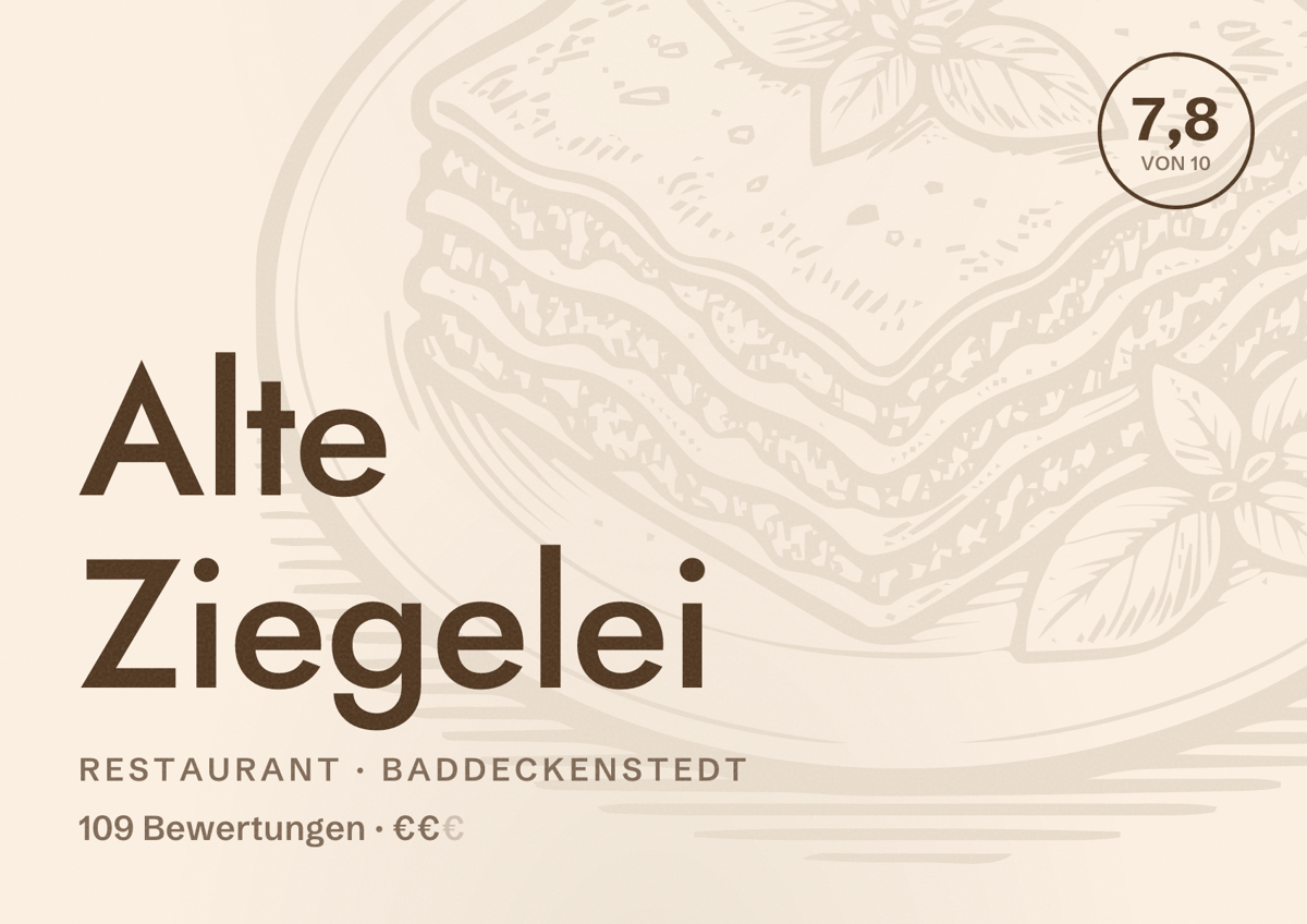 Illustriertes Poster von Alte Ziegelei, Restaurant in Baddeckenstedt: Bewertung 7,8 von 10 aus 109 Bewertungen, Preisniveau €€