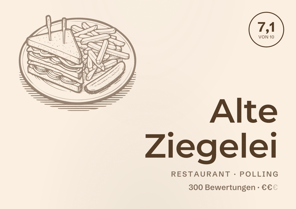 Illustriertes Poster von Alte Ziegelei, Restaurant in Polling: Bewertung 7,1 von 10 aus 300 Bewertungen, Preisniveau €€