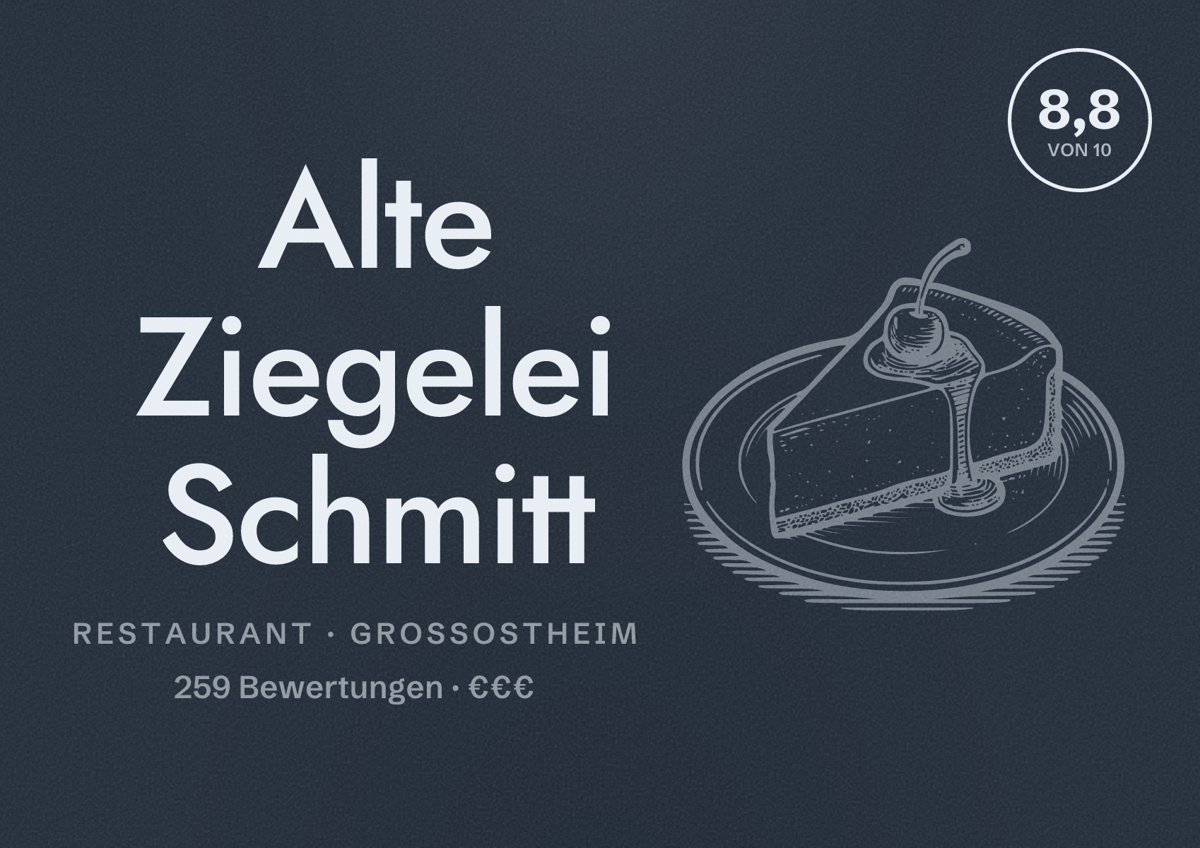 Illustriertes Poster von Alte Ziegelei Schmitt, Restaurant in Großostheim: Bewertung 8,8 von 10 aus 259 Bewertungen, Preisniveau €€€