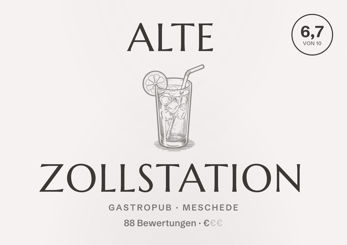 Illustriertes Poster von Alte Zollstation, Gastropub in Meschede: Bewertung 6,7 von 10 aus 88 Bewertungen, Preisniveau €