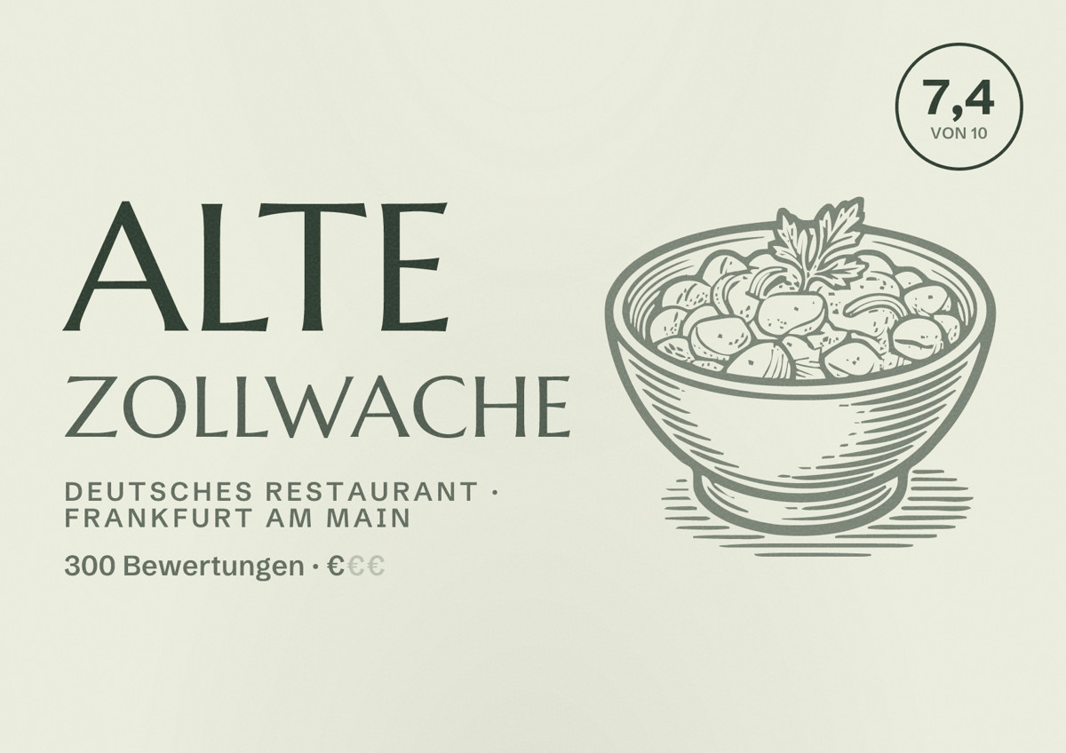 Illustriertes Poster von Alte Zollwache, Deutsches Restaurant in Frankfurt am Main: Bewertung 7,4 von 10 aus 300 Bewertungen, Preisniveau €