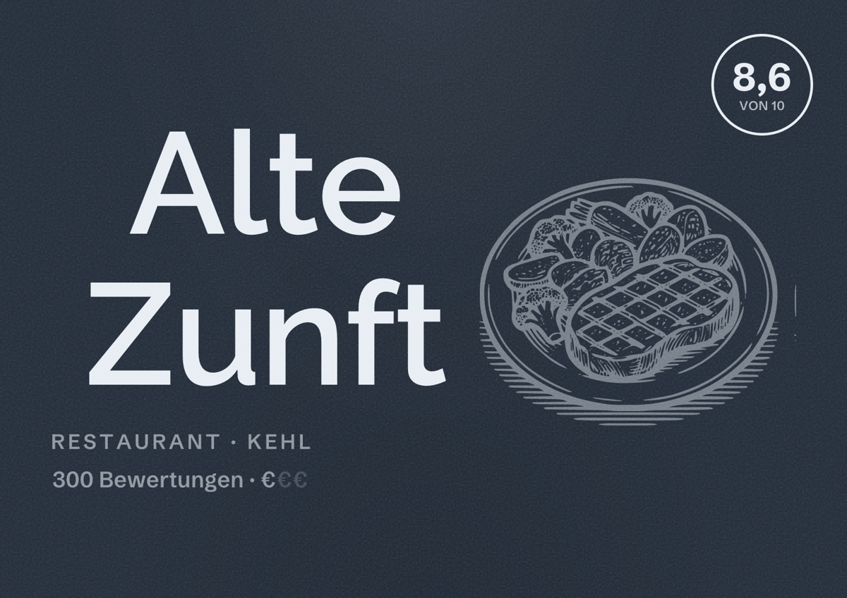 Illustriertes Poster von Alte Zunft, Restaurant in Kehl: Bewertung 8,6 von 10 aus 300 Bewertungen, Preisniveau €