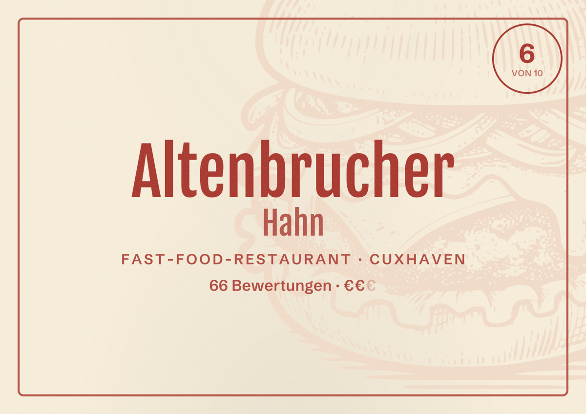 Illustriertes Poster von Altenbrucher Hahn, Fast-Food-Restaurant in Cuxhaven: Bewertung 6 von 10 aus 66 Bewertungen, Preisniveau €€