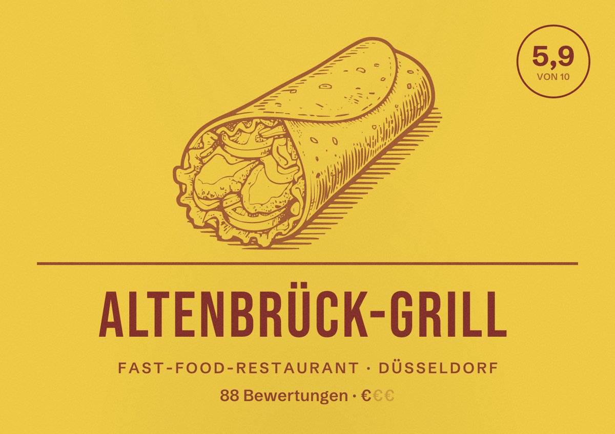 Illustriertes Poster von Altenbrück-Grill, Fast-Food-Restaurant in Düsseldorf: Bewertung 5,9 von 10 aus 88 Bewertungen, Preisniveau €