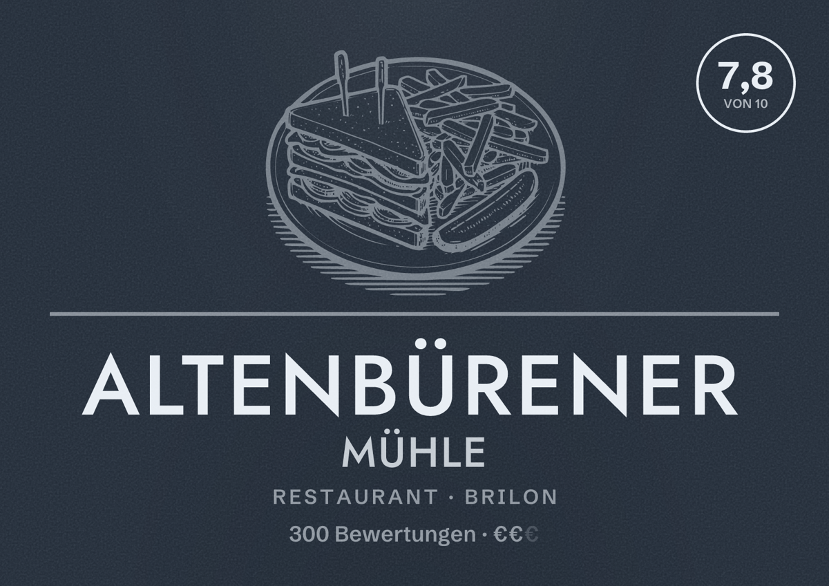 Illustriertes Poster von Altenbürener Mühle, Restaurant in Brilon: Bewertung 7,8 von 10 aus 300 Bewertungen, Preisniveau €€
