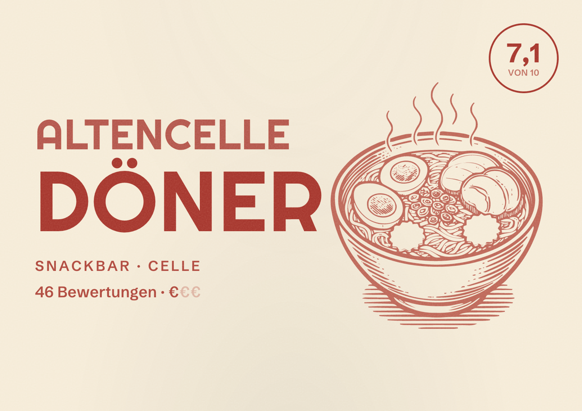Illustriertes Poster von Altencelle Döner, Snackbar in Celle: Bewertung 7,1 von 10 aus 46 Bewertungen, Preisniveau €