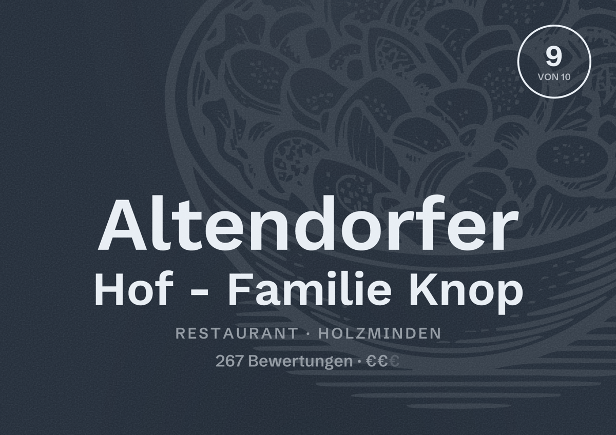 Illustriertes Poster von Altendorfer Hof - Familie Knop, Restaurant in Holzminden: Bewertung 9 von 10 aus 267 Bewertungen, Preisniveau €€
