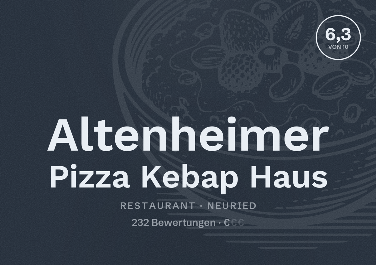 Illustriertes Poster von Altenheimer Pizza Kebap Haus, Restaurant in Neuried: Bewertung 6,3 von 10 aus 232 Bewertungen, Preisniveau €