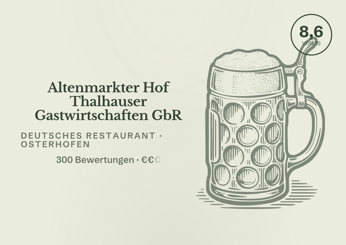 Illustriertes Poster von Altenmarkter Hof Thalhauser Gastwirtschaften GbR, Deutsches Restaurant in Osterhofen: Bewertung 8,6 von 10 aus 300 Bewertungen, Preisniveau €€
