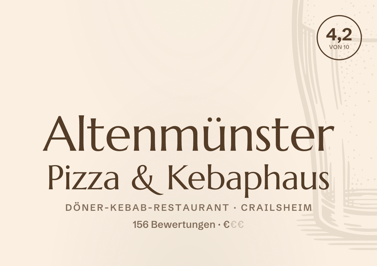 Illustriertes Poster von Altenmünster Pizza & Kebaphaus, Döner-Kebab-Restaurant in Crailsheim: Bewertung 4,2 von 10 aus 156 Bewertungen, Preisniveau €