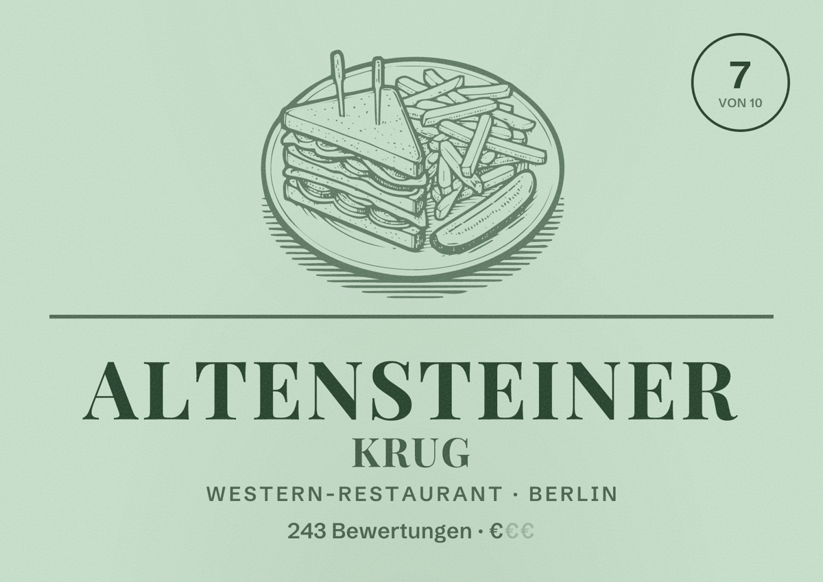 Illustriertes Poster von Altensteiner Krug, Western-Restaurant in Berlin: Bewertung 7,0 von 10 aus 243 Bewertungen, Preisniveau €