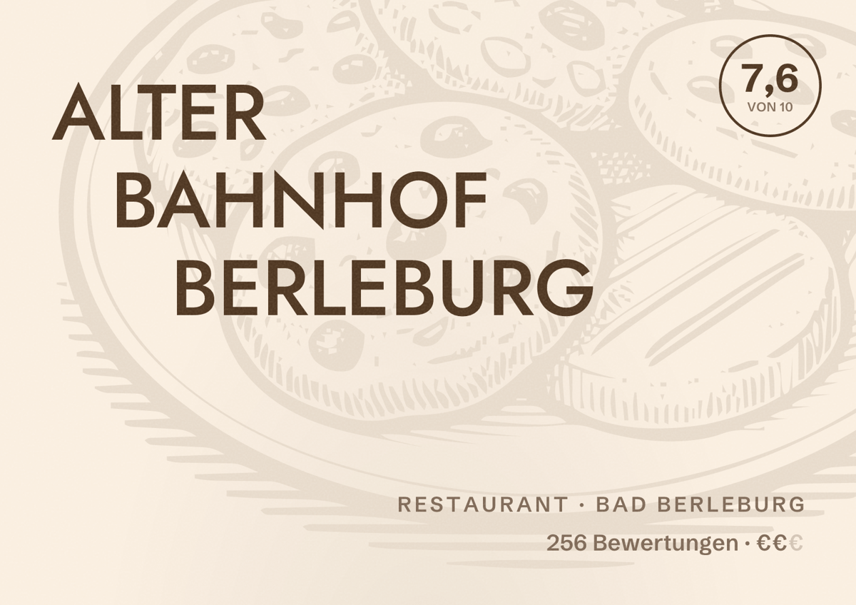 Illustriertes Poster von ALTER BAHNHOF BERLEBURG, Restaurant in Bad Berleburg: Bewertung 7,6 von 10 aus 256 Bewertungen, Preisniveau €€