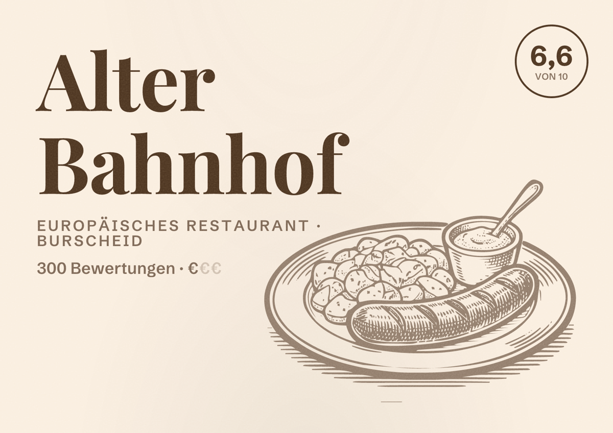 Illustriertes Poster von Alter Bahnhof, Europäisches Restaurant in Burscheid: Bewertung 6,6 von 10 aus 300 Bewertungen, Preisniveau €