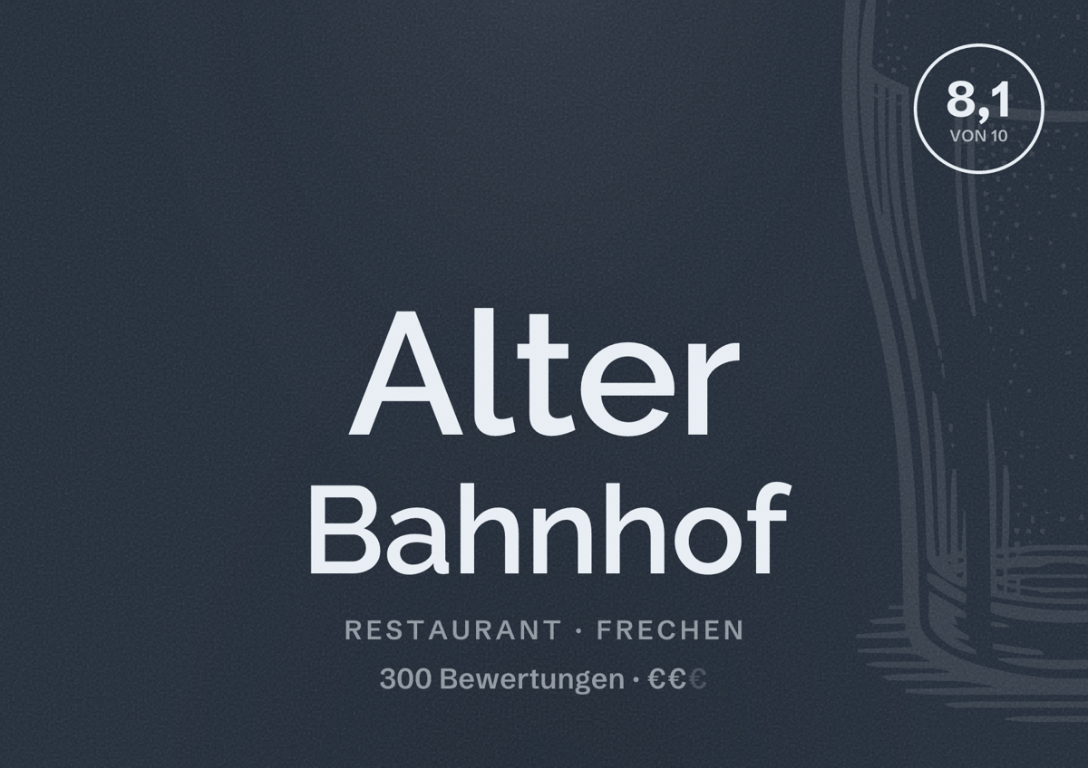 Illustriertes Poster von Alter Bahnhof, Restaurant in Frechen: Bewertung 8,1 von 10 aus 300 Bewertungen, Preisniveau €€