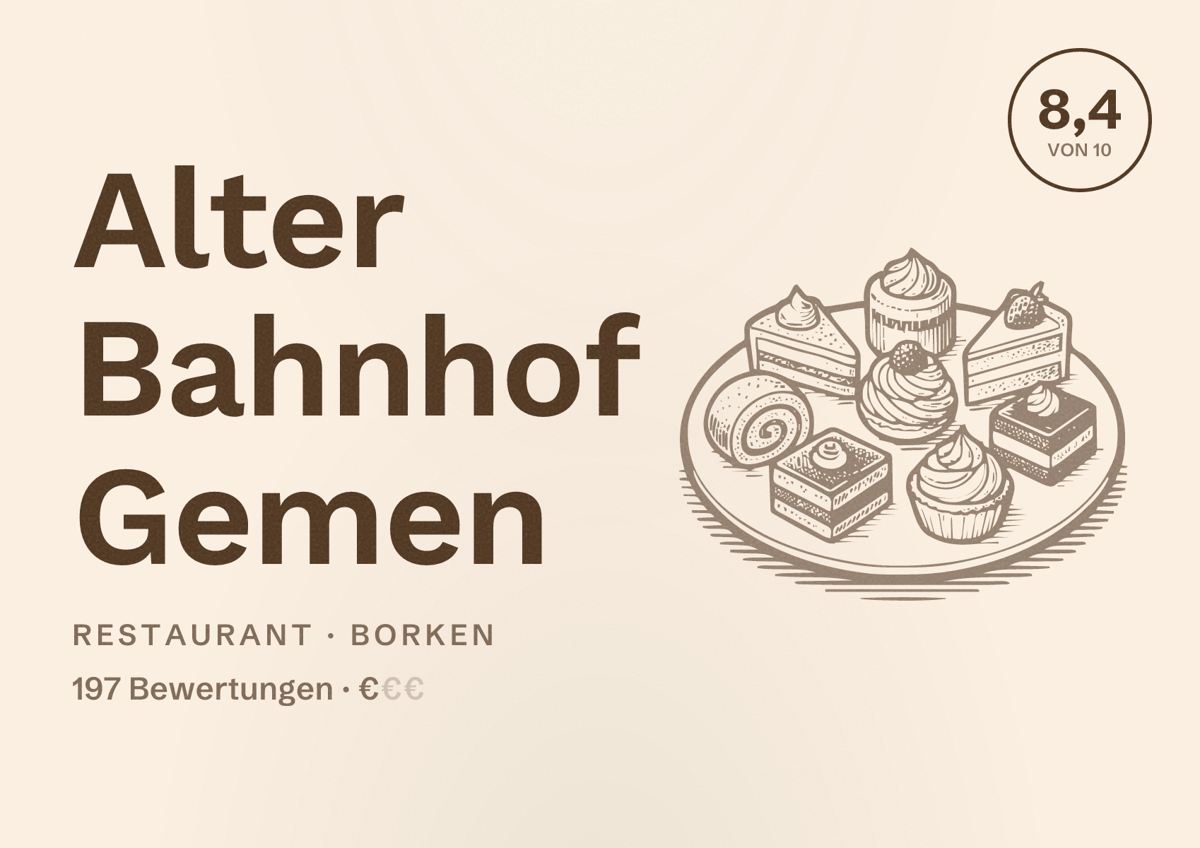 Illustriertes Poster von Alter Bahnhof Gemen, Restaurant in Borken: Bewertung 8,4 von 10 aus 197 Bewertungen, Preisniveau €