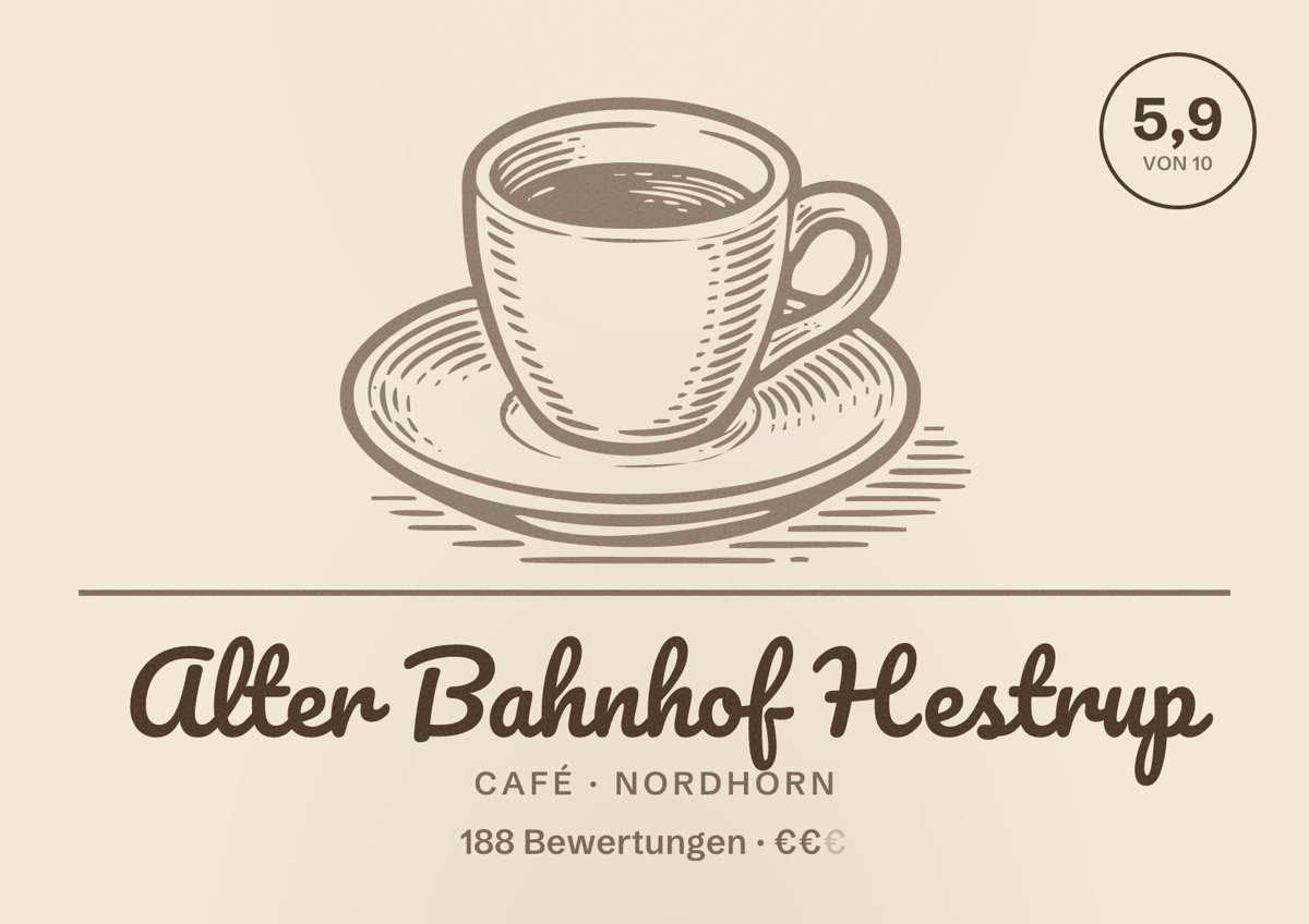 Illustriertes Poster von Alter Bahnhof Hestrup, Café in Nordhorn: Bewertung 5,9 von 10 aus 188 Bewertungen, Preisniveau €€