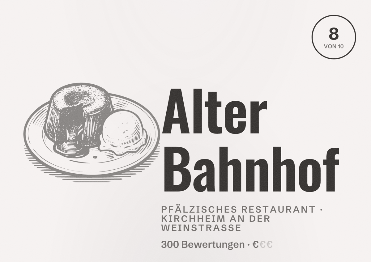 Illustriertes Poster von Alter Bahnhof, Pfälzisches Restaurant in Kirchheim an der Weinstraße: Bewertung 8 von 10 aus 300 Bewertungen, Preisniveau €