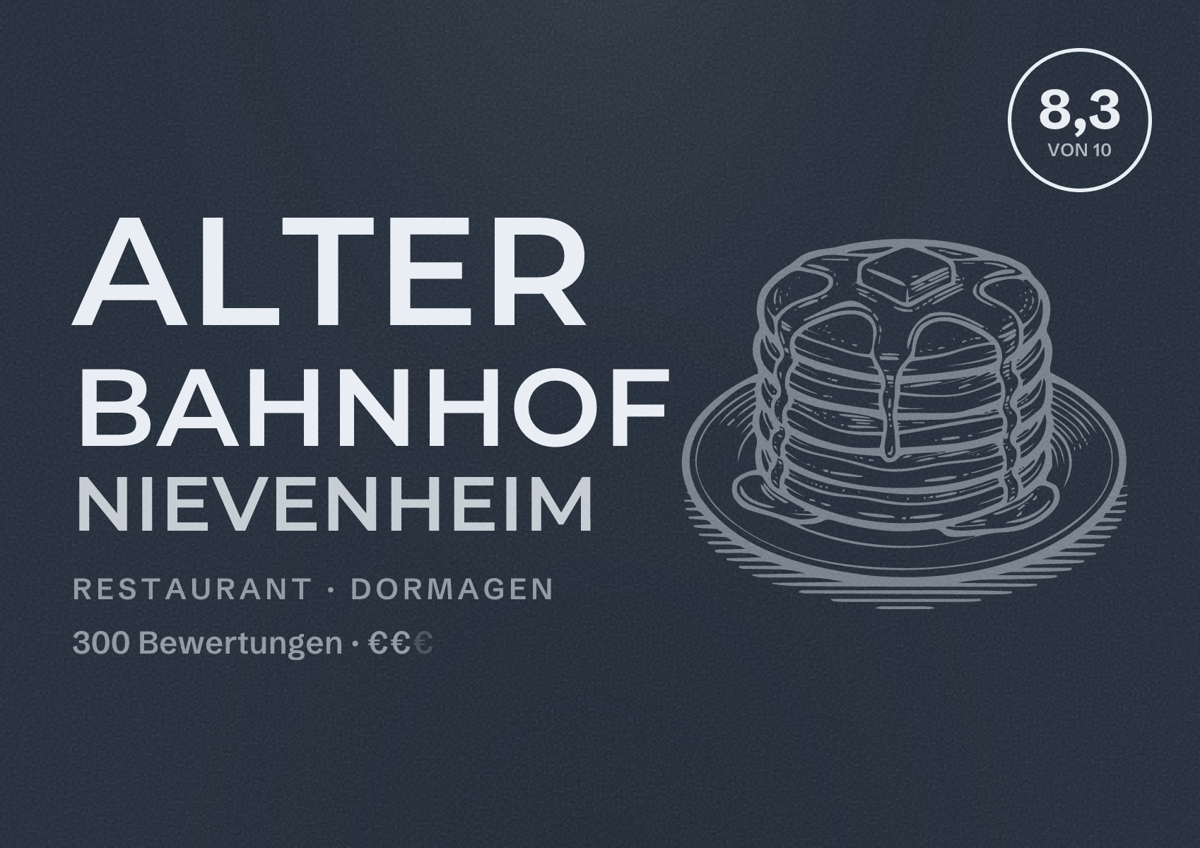 Illustriertes Poster von Alter Bahnhof Nievenheim, Restaurant in Dormagen: Bewertung 8,3 von 10 aus 300 Bewertungen, Preisniveau €€
