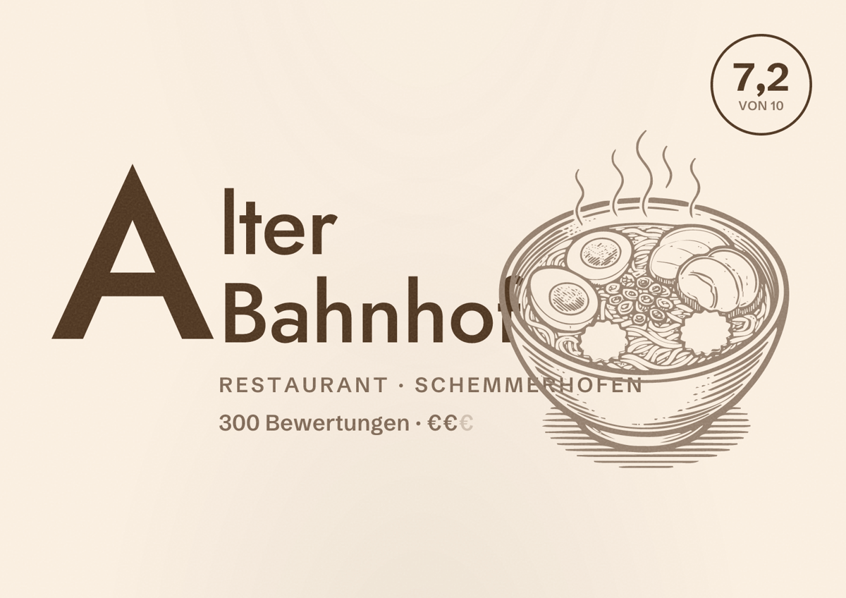 Illustriertes Poster von Alter Bahnhof, Restaurant in Schemmerhofen: Bewertung 7,2 von 10 aus 300 Bewertungen, Preisniveau €€