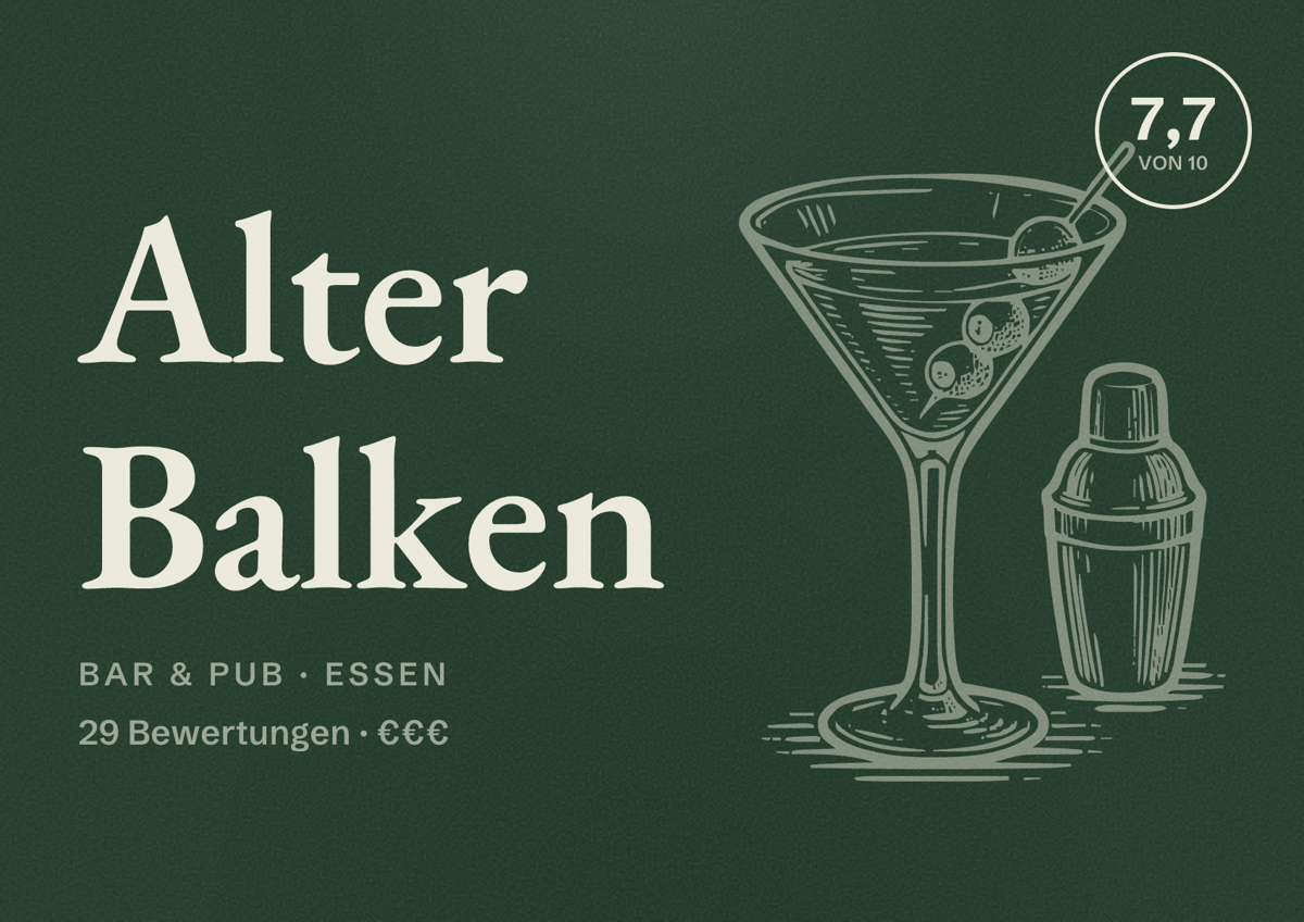 Illustriertes Poster von Alter Balken, Bar & Pub in Essen: Bewertung 7,7 von 10 aus 29 Bewertungen, Preisniveau €€€