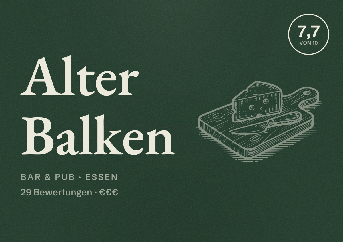 Illustriertes Poster von Alter Balken, Bar & Pub in Essen: Bewertung 7,7 von 10 aus 29 Bewertungen, Preisniveau €€€