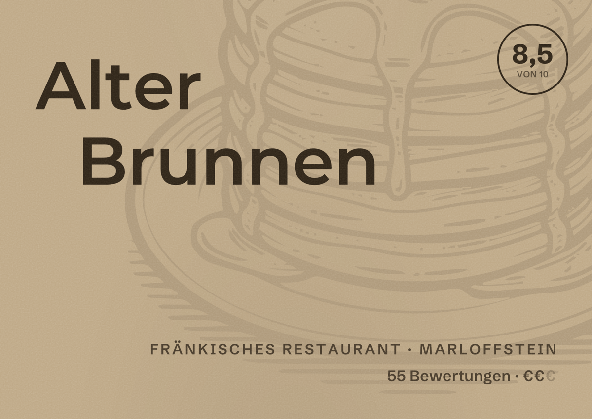 Illustriertes Poster von Alter Brunnen, Fränkisches Restaurant in Marloffstein: Bewertung 8,5 von 10 aus 55 Bewertungen, Preisniveau €€