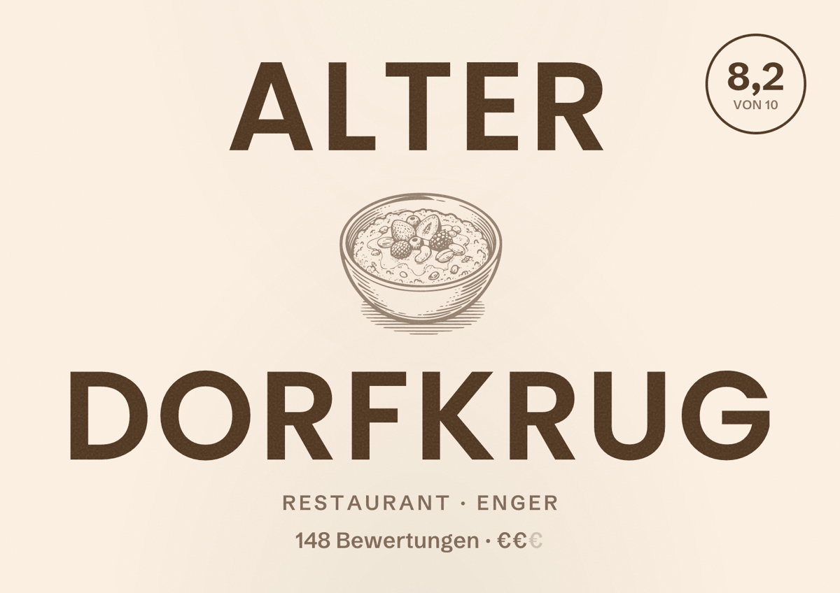 Illustriertes Poster von Alter Dorfkrug, Restaurant in Enger: Bewertung 8,2 von 10 aus 148 Bewertungen, Preisniveau €€