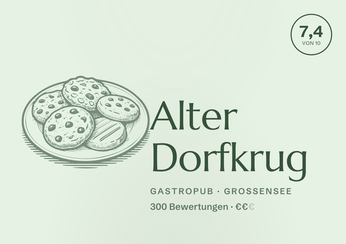 Illustriertes Poster von Alter Dorfkrug, Gastropub in Großensee: Bewertung 7,4 von 10 aus 300 Bewertungen, Preisniveau €€