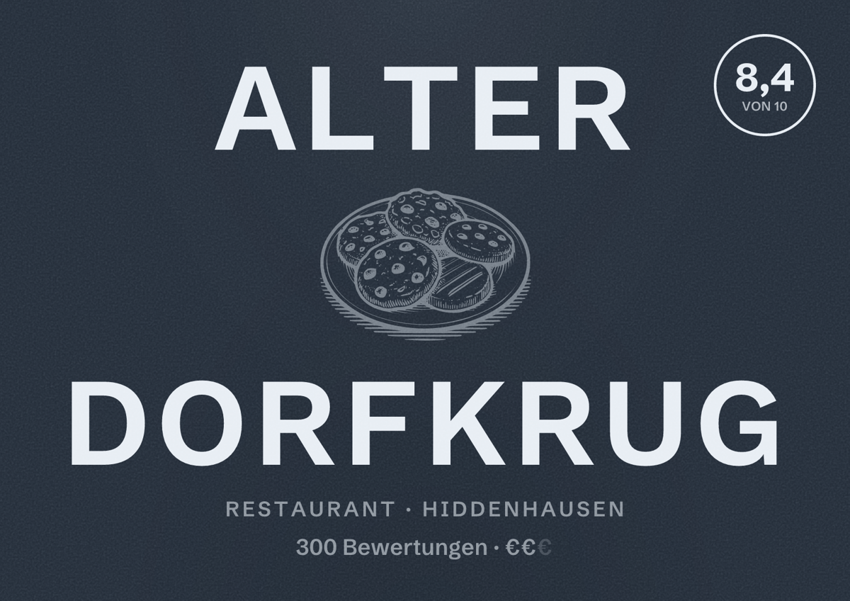 Illustriertes Poster von Alter Dorfkrug, Restaurant in Hiddenhausen: Bewertung 8,4 von 10 aus 300 Bewertungen, Preisniveau €€