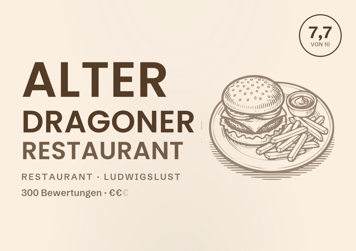 Illustriertes Poster von Alter Dragoner Restaurant, Restaurant in Ludwigslust: Bewertung 7,7 von 10 aus 300 Bewertungen, Preisniveau €€