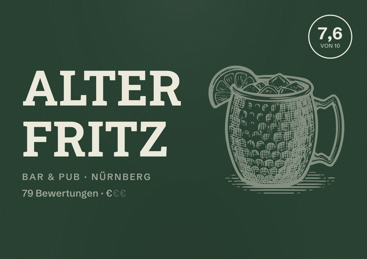 Illustriertes Poster von Alter Fritz, Bar & Pub in Nürnberg: Bewertung 7,6 von 10 aus 79 Bewertungen, Preisniveau €