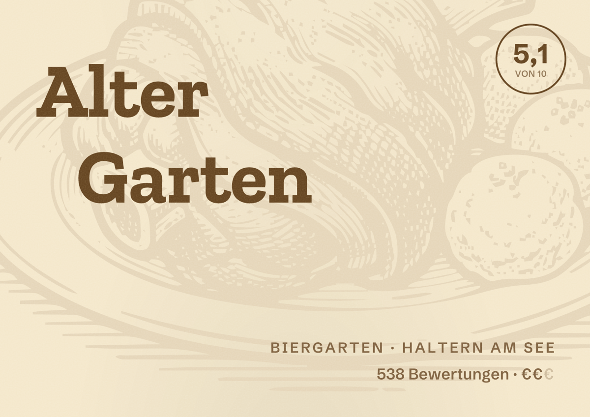 Illustriertes Poster von Alter Garten, Biergarten in Haltern am See: Bewertung 5,1 von 10 aus 538 Bewertungen, Preisniveau €€