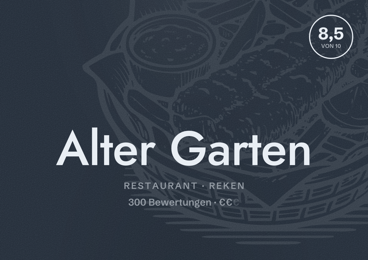 Illustriertes Poster von Alter Garten, Restaurant in Reken: Bewertung 8,5 von 10 aus 300 Bewertungen, Preisniveau €€