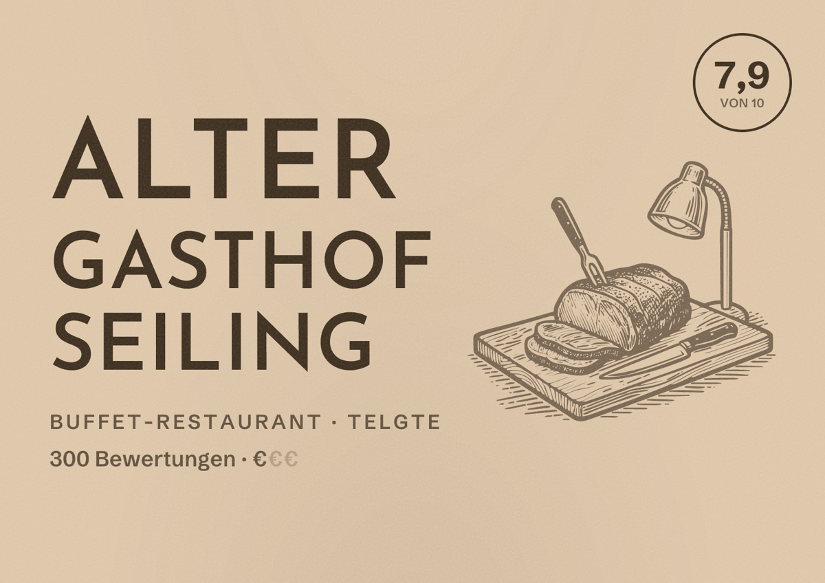 Illustriertes Poster von Alter Gasthof Seiling, Buffet-Restaurant in Telgte: Bewertung 7,9 von 10 aus 300 Bewertungen, Preisniveau €