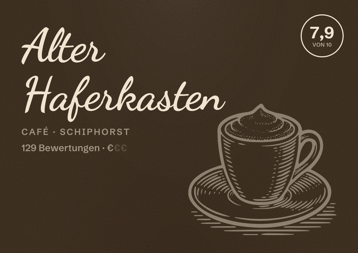 Illustriertes Poster von Alter Haferkasten, Café in Schiphorst: Bewertung 7,9 von 10 aus 129 Bewertungen, Preisniveau €