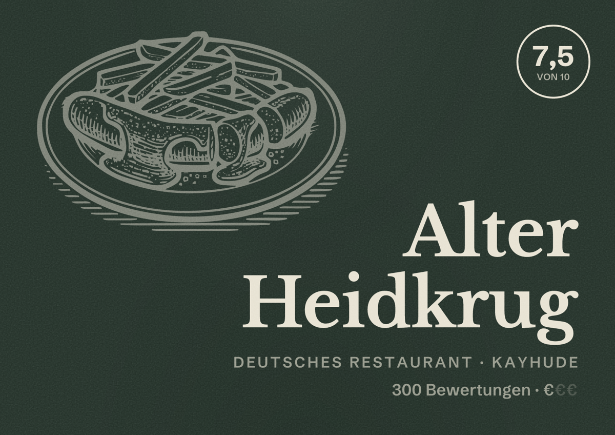 Illustriertes Poster von Alter Heidkrug, Deutsches Restaurant in Kayhude: Bewertung 7,5 von 10 aus 300 Bewertungen, Preisniveau €