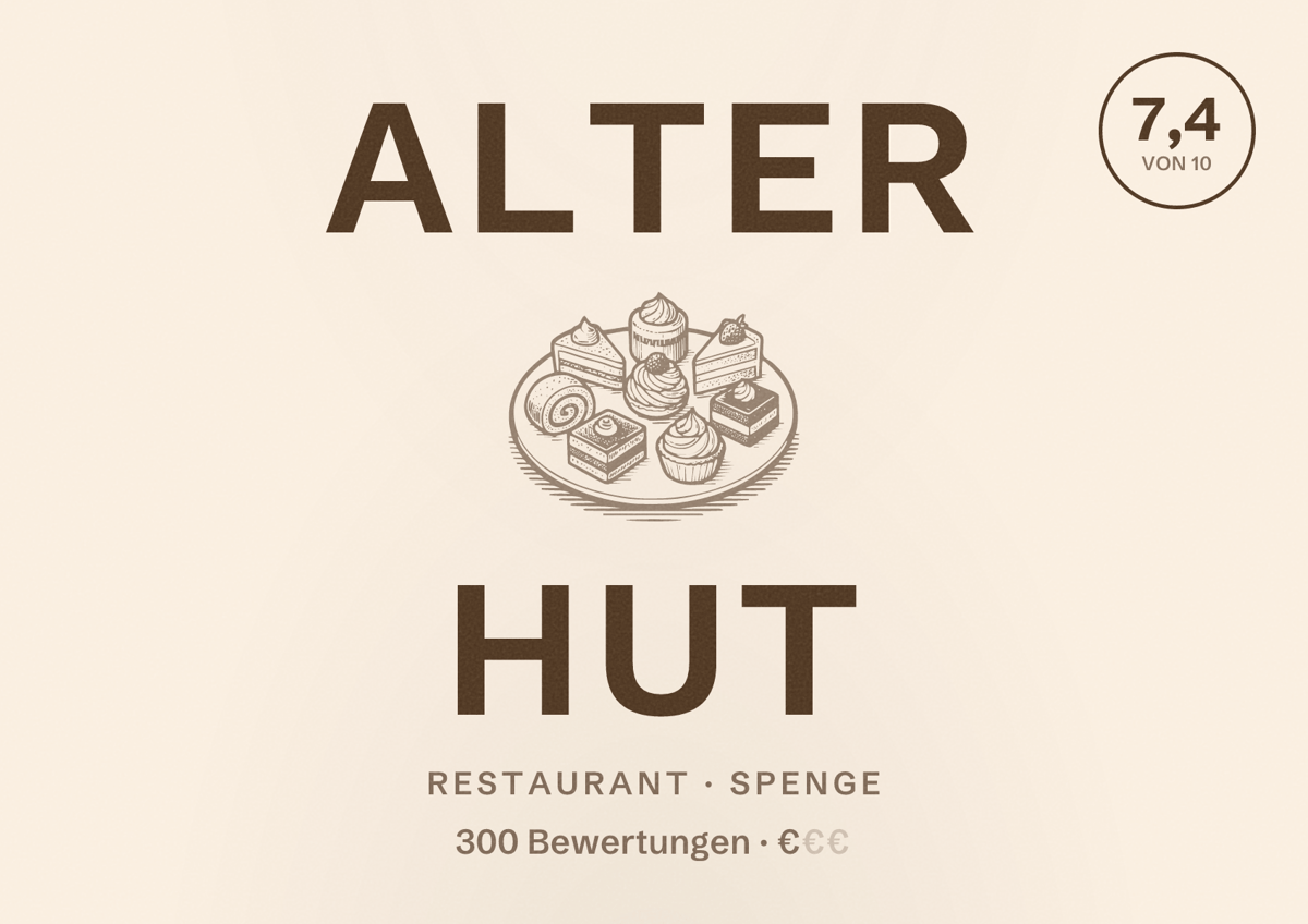 Illustriertes Poster von Alter Hut, Restaurant in Spenge: Bewertung 7,4 von 10 aus 300 Bewertungen, Preisniveau €