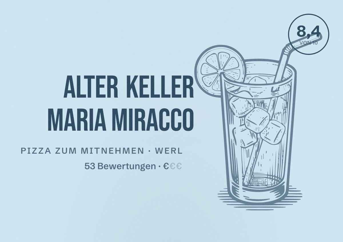 Illustriertes Poster von Alter Keller Maria Miracco, Pizza zum Mitnehmen in Werl: Bewertung 8,4 von 10 aus 53 Bewertungen, Preisniveau €