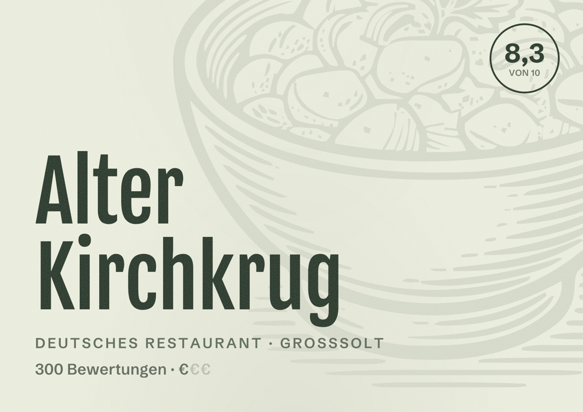 Illustriertes Poster von Alter Kirchkrug, Deutsches Restaurant in Großsolt: Bewertung 8,3 von 10 aus 300 Bewertungen, Preisniveau €