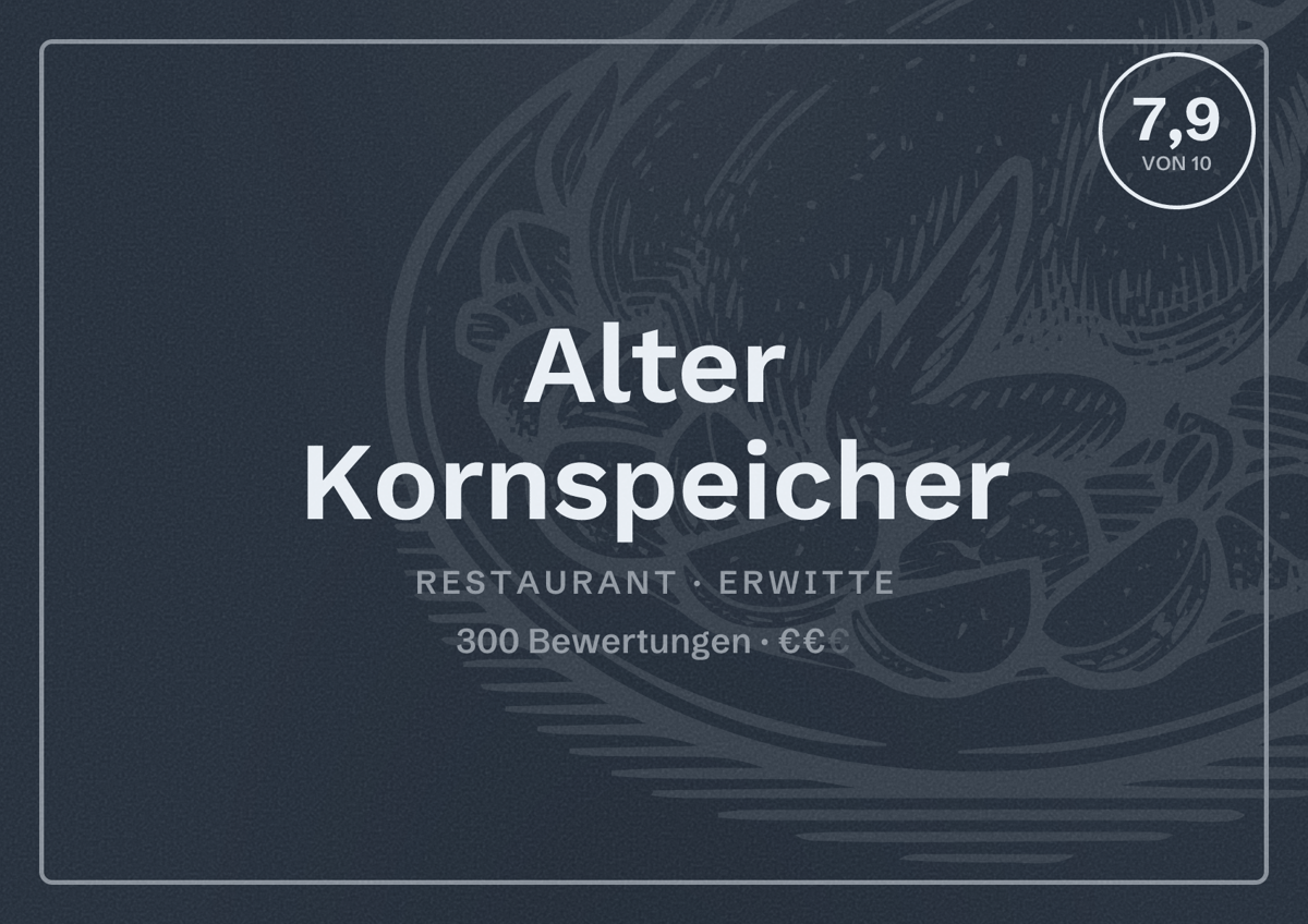 Illustriertes Poster von Alter Kornspeicher, Restaurant in Erwitte: Bewertung 7,9 von 10 aus 300 Bewertungen, Preisniveau €€