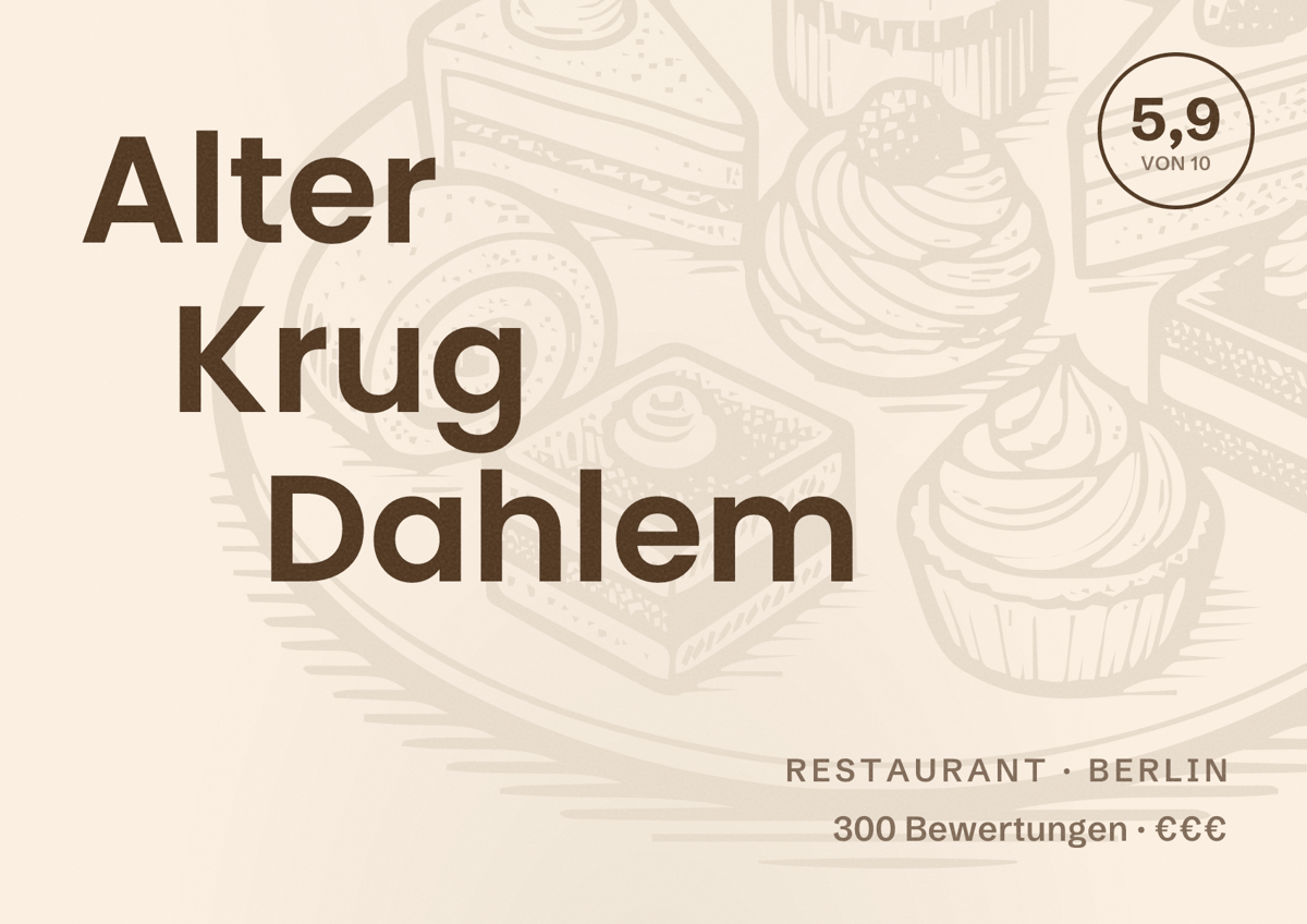 Illustriertes Poster von Alter Krug Dahlem, Restaurant in Berlin: Bewertung 5,9 von 10 aus 300 Bewertungen, Preisniveau €€€