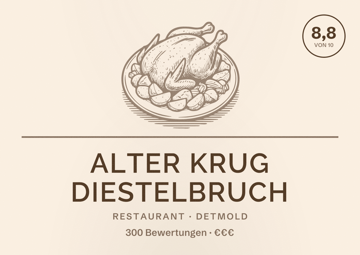 Illustriertes Poster von Alter Krug Diestelbruch, Restaurant in Detmold: Bewertung 8,8 von 10 aus 300 Bewertungen, Preisniveau €€€