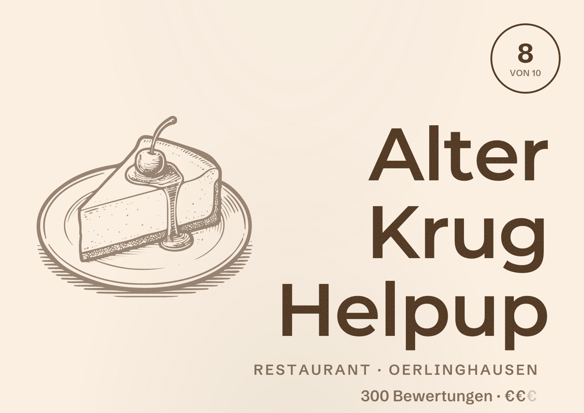 Illustriertes Poster von Alter Krug Helpup, Restaurant in Oerlinghausen: Bewertung 8 von 10 aus 300 Bewertungen, Preisniveau €€